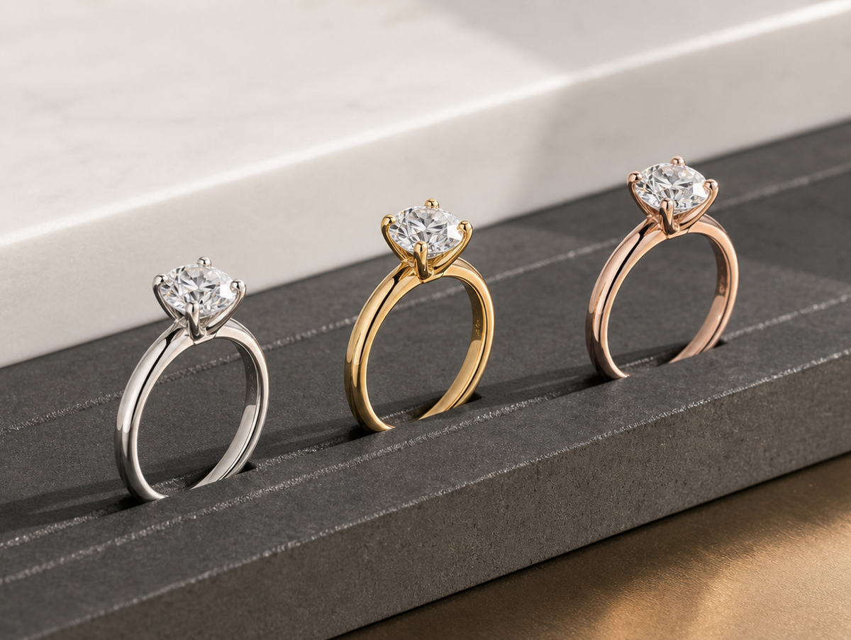White gold, yellow gold, and rose gold lab-grown diamond engagement rings for choosing 14K vs 18K gold.