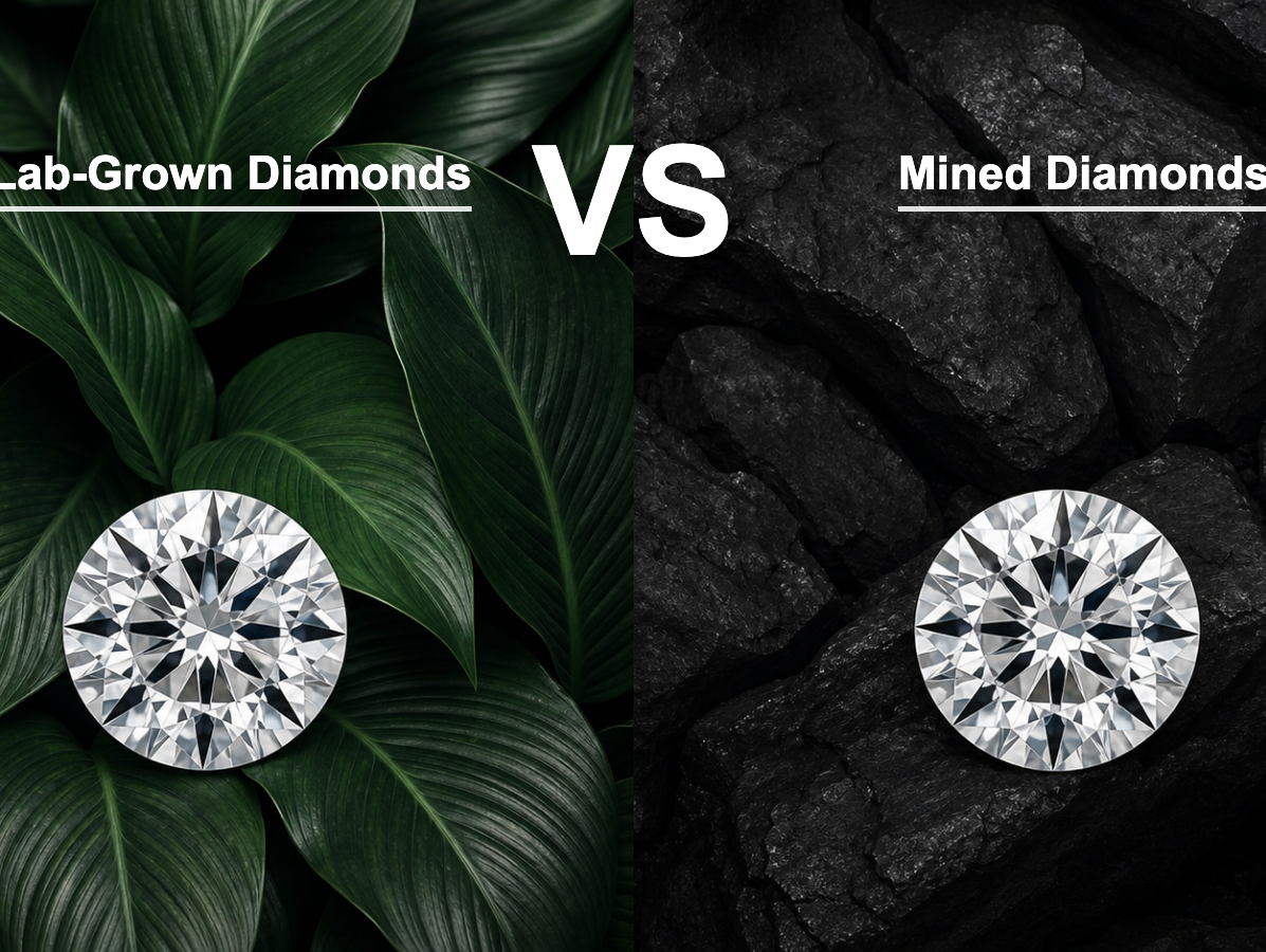 Lab-grown diamonds versus mined diamonds shown over green leaves and dark mined rock textures.