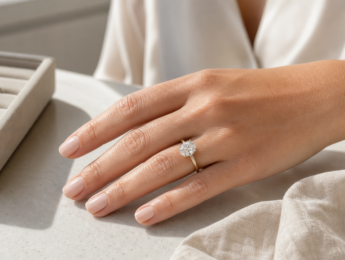 Oval diamond engagement ring worn on a hand for a guide to choosing the best ring for your hand shape