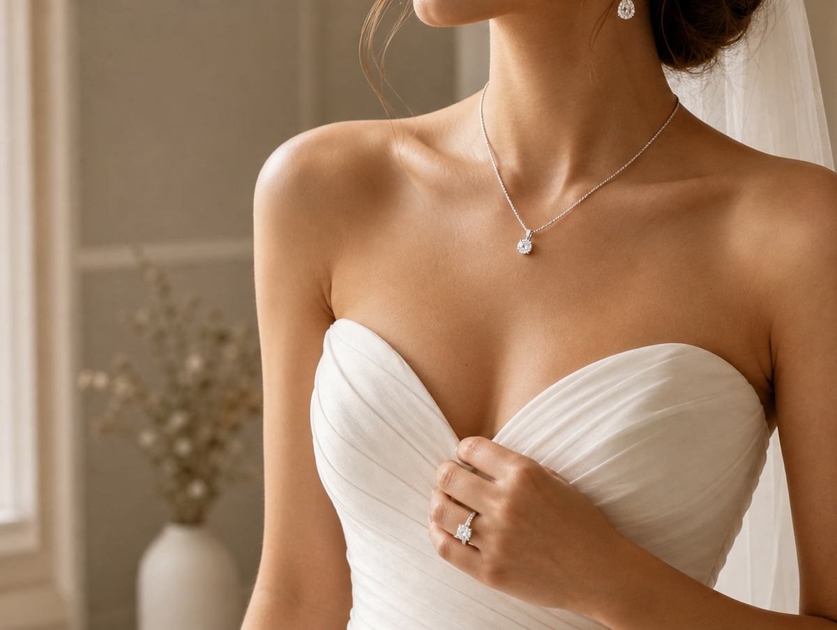 Bride in an ivory wedding dress wearing delicate diamond bridal jewelry and an engagement ring.