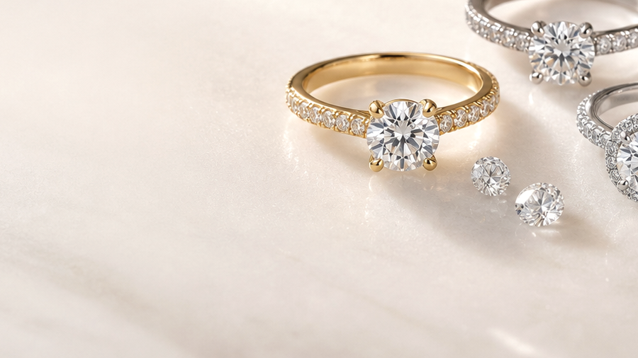 Lab grown diamond rings and loose diamonds on a neutral stone surface