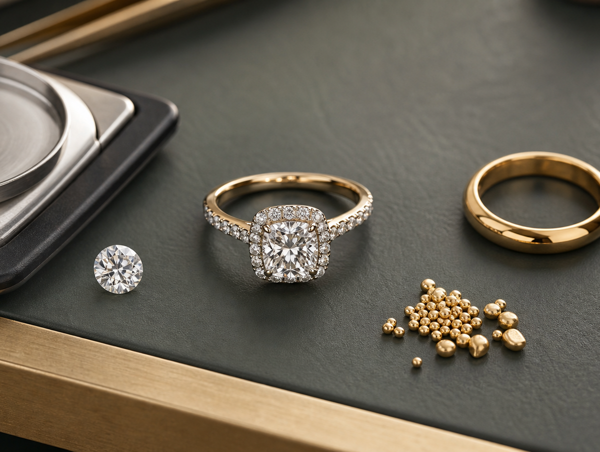 Diamond ring with a loose diamond, gold band, and gold alloy granules for a carat vs karat jewelry guide.