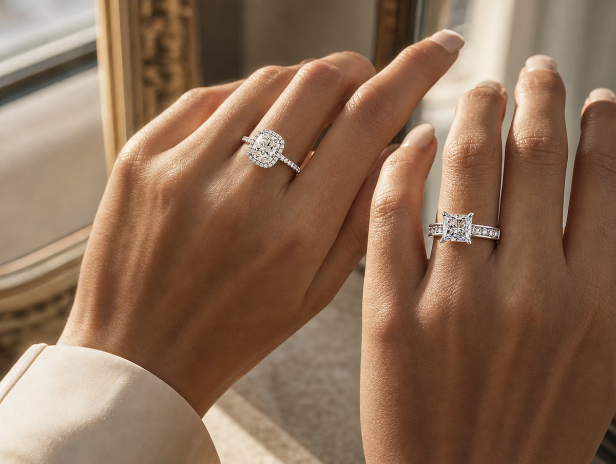 Cushion cut and princess cut engagement rings worn in warm boutique light for a diamond shape comparison.