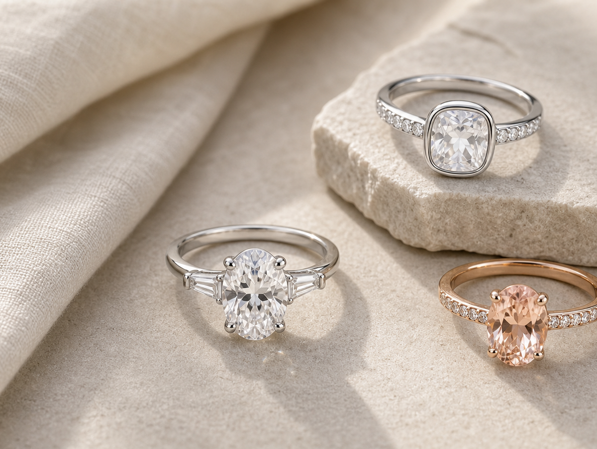 Restrained editorial arrangement of diamond alternative engagement rings on matte stone and linen.