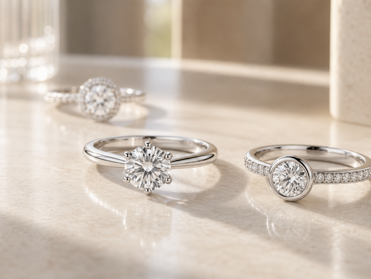 Two engagement ring setting styles on warm ivory stone showing prong and bezel designs for comparison.