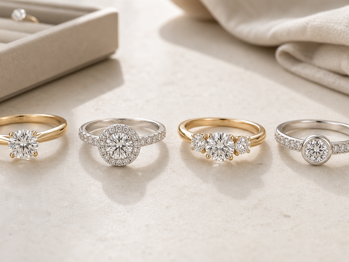 Four diamond engagement ring styles arranged on a neutral jewelry consultation desk