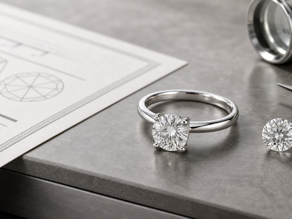 Lab-grown diamond ring with a loose diamond and certificate-style document under cool precision lighting.