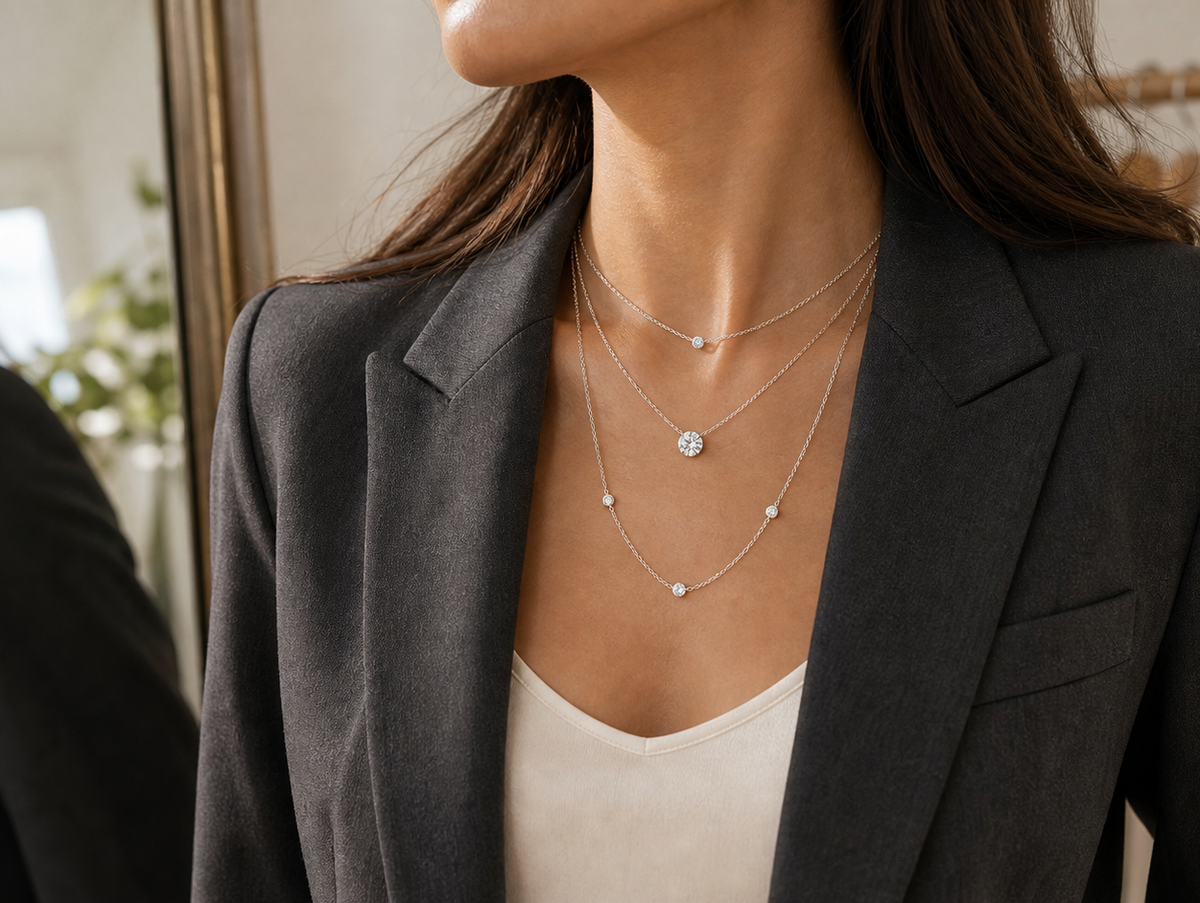Layered diamond necklaces worn at different lengths with a charcoal blazer and ivory neckline.