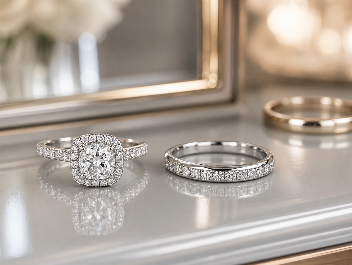 Bright rhodium-plated white gold diamond ring and matching band on a reflective dressing table.
