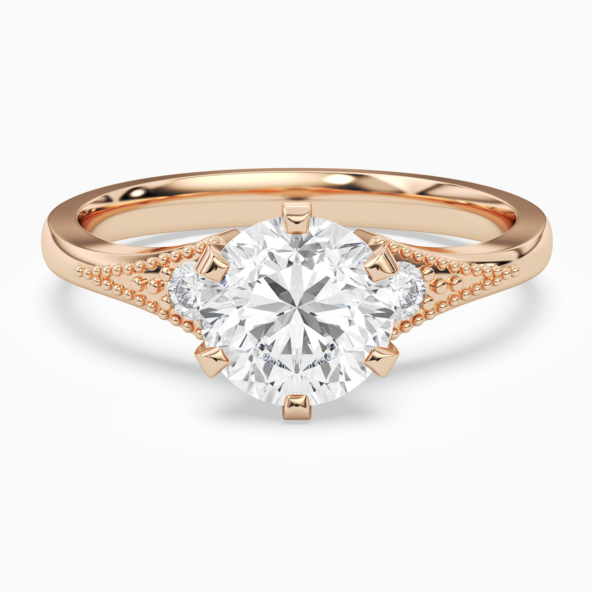 Round Milgrain Shoulder Side Stone Ring in 14K Rose Gold main white