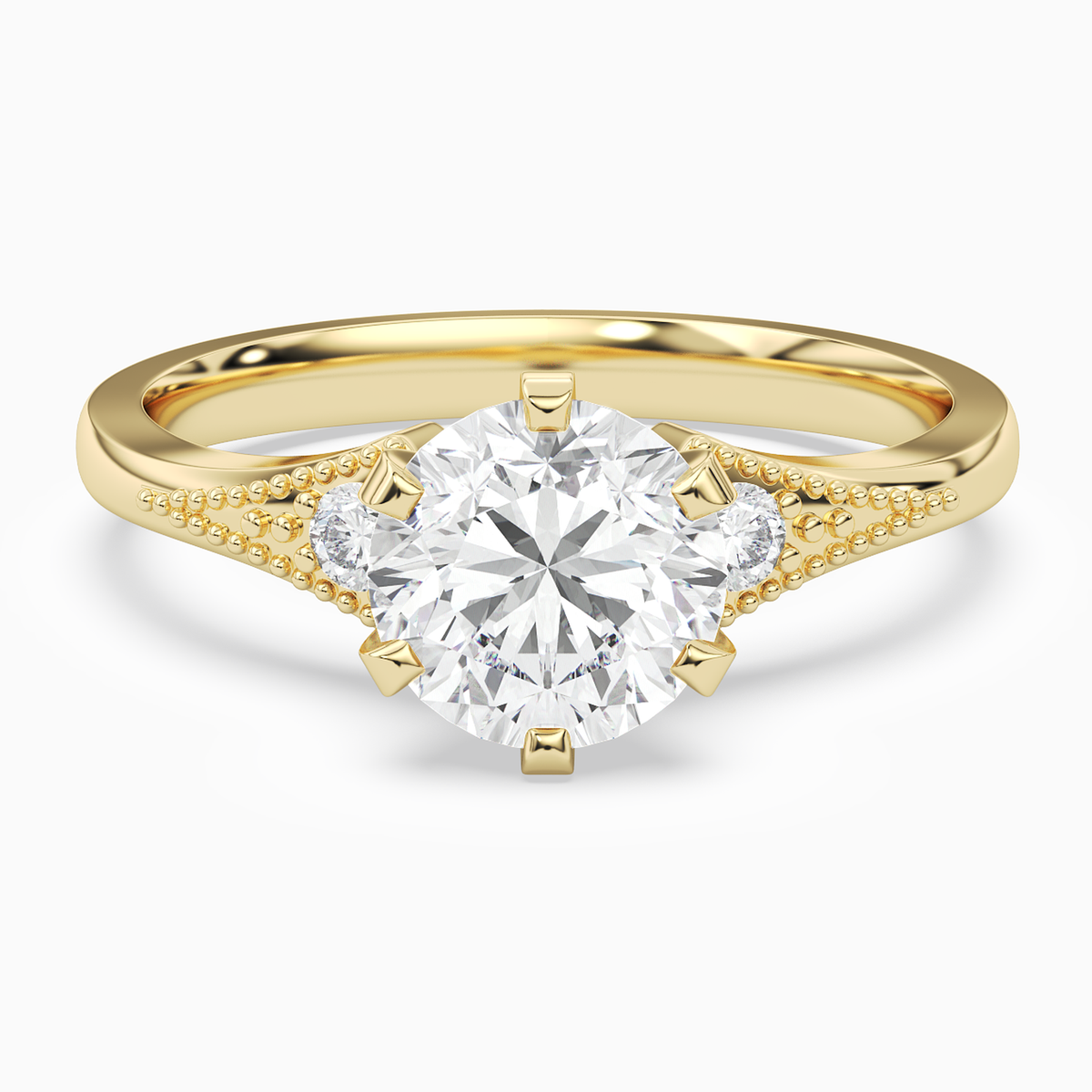 Round Milgrain Shoulder Side Stone Ring in 18K Yellow Gold main white