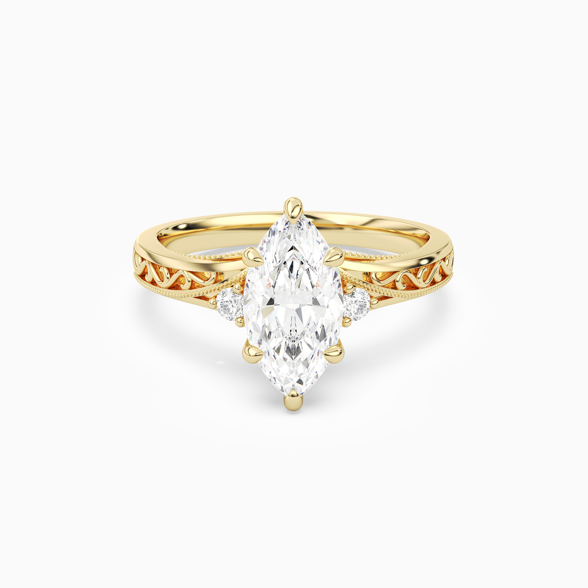 Marquise Engraved Vintage Side Stone Ring in 14K Yellow Gold main white
