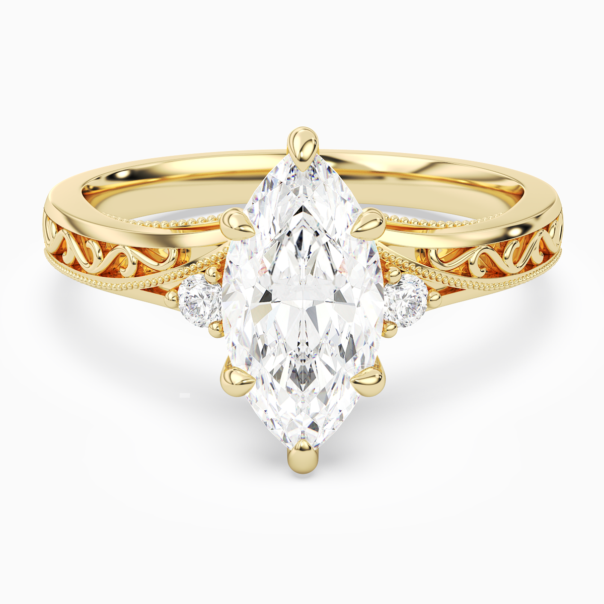 Marquise Engraved Vintage Side Stone Ring in 14K Yellow Gold main white