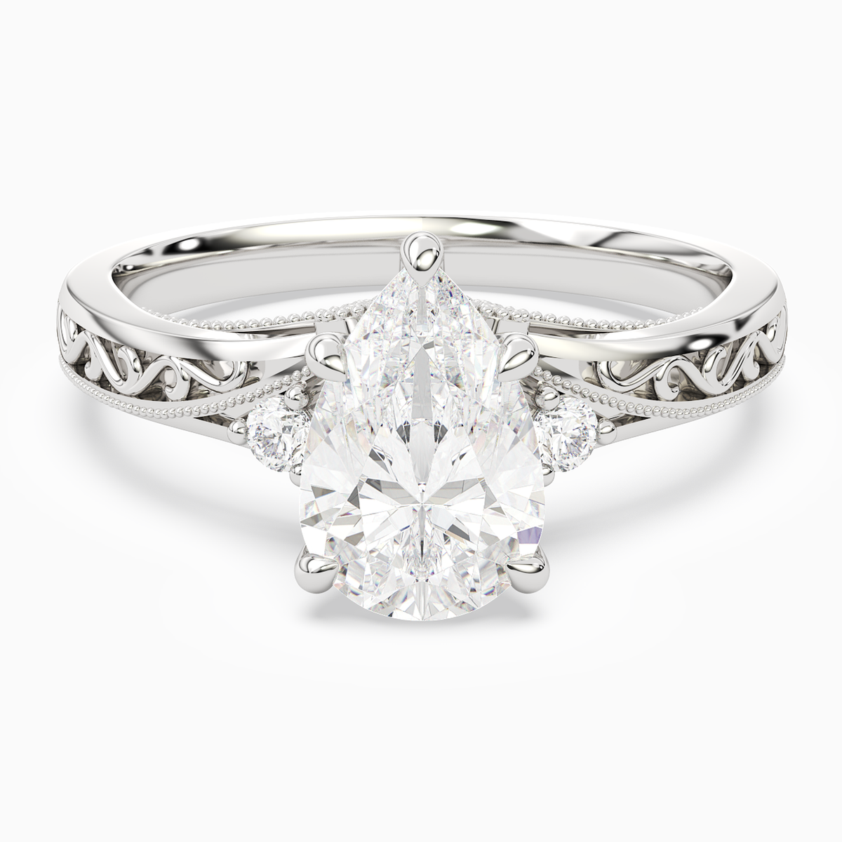 Pear Engraved Vintage Side Stone Ring in 14K White Gold main white