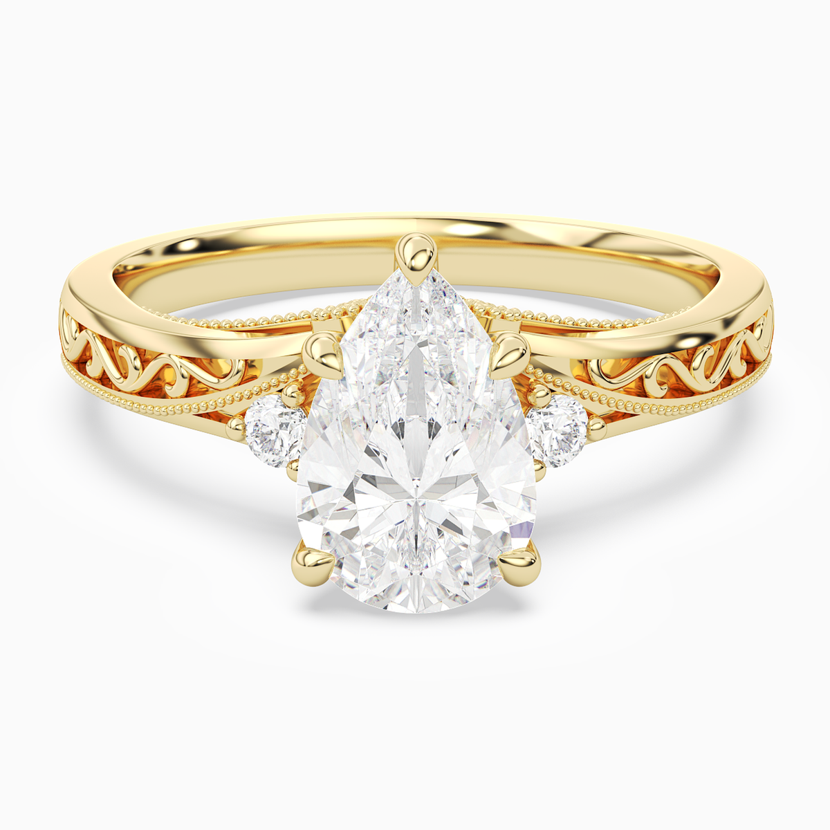 Pear Engraved Vintage Side Stone Ring in 18K Yellow Gold main white