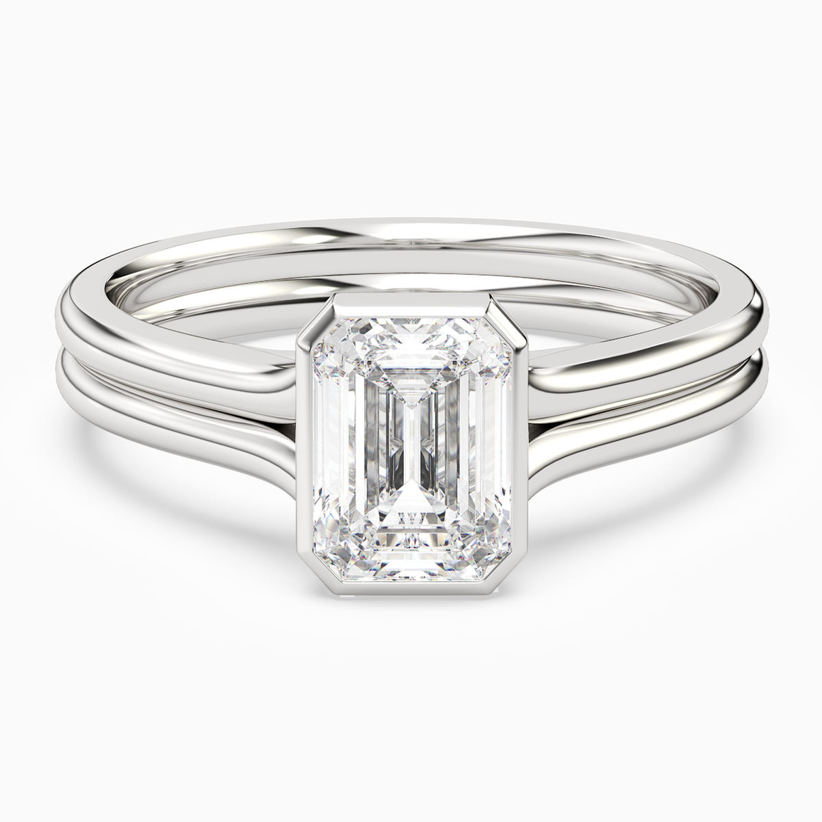 Emerald Stacked Band Bezel Solitaire in 14K White Gold main white