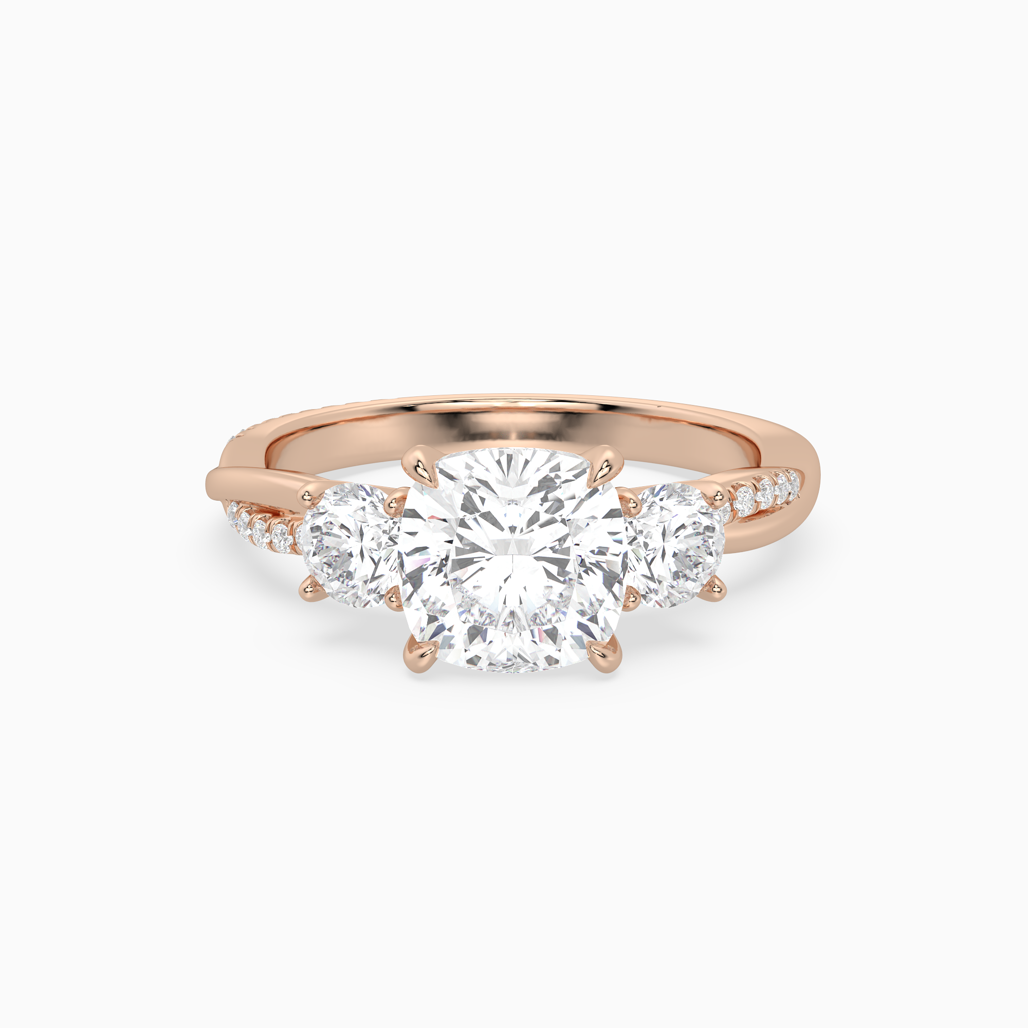 Cushion Twisted Vine Three Stone in 14K Rose Gold main white