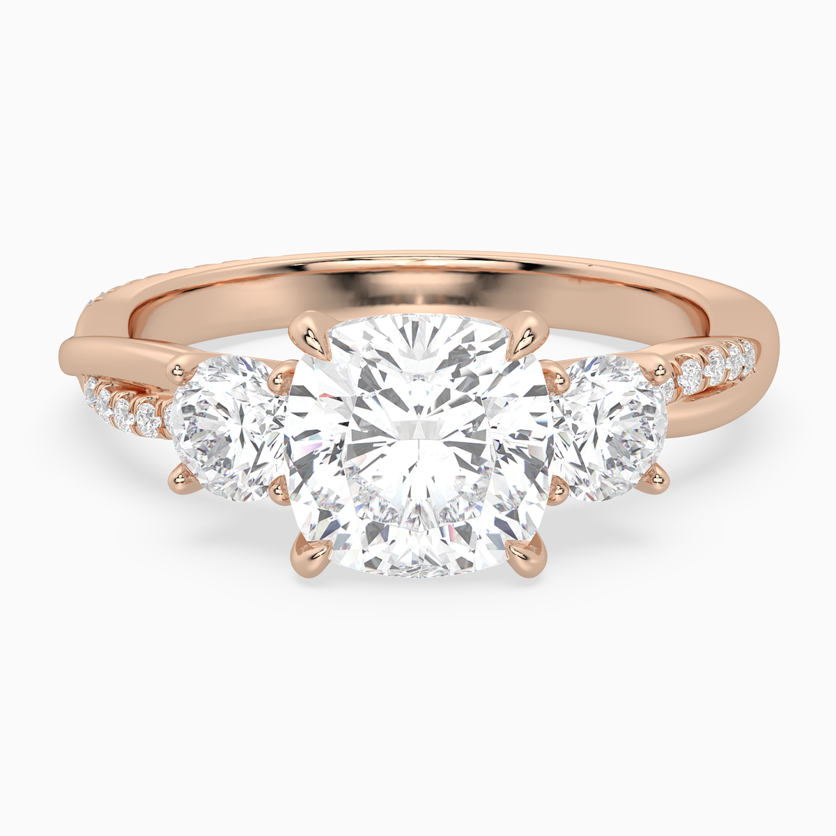 Cushion Twisted Vine Three Stone in 14K Rose Gold main white