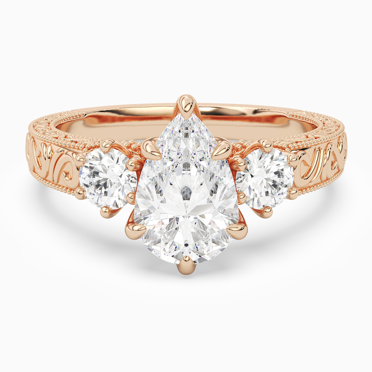 Pear Engraved Vintage Three Stone in 14K Rose Gold main white