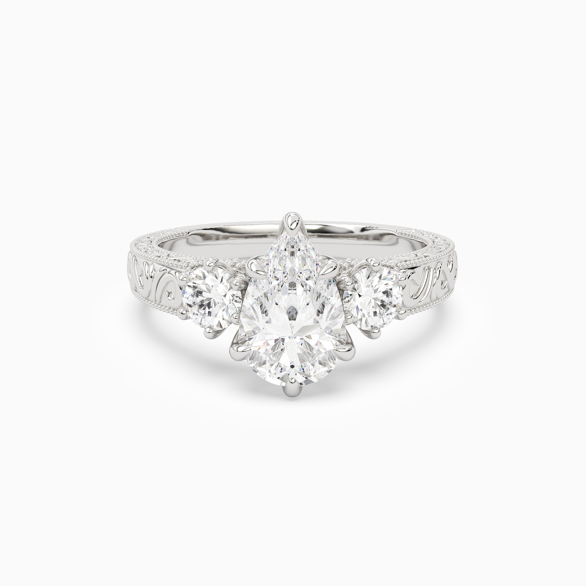 Pear Engraved Vintage Three Stone in 14K White Gold main white