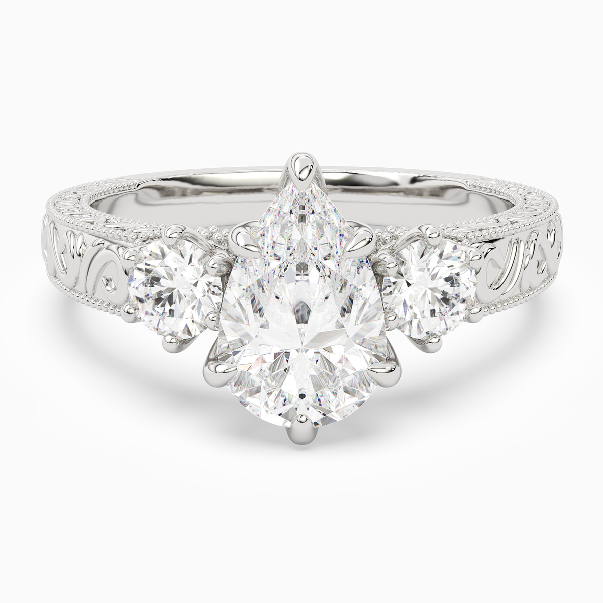 Pear Engraved Vintage Three Stone in Platinum main white