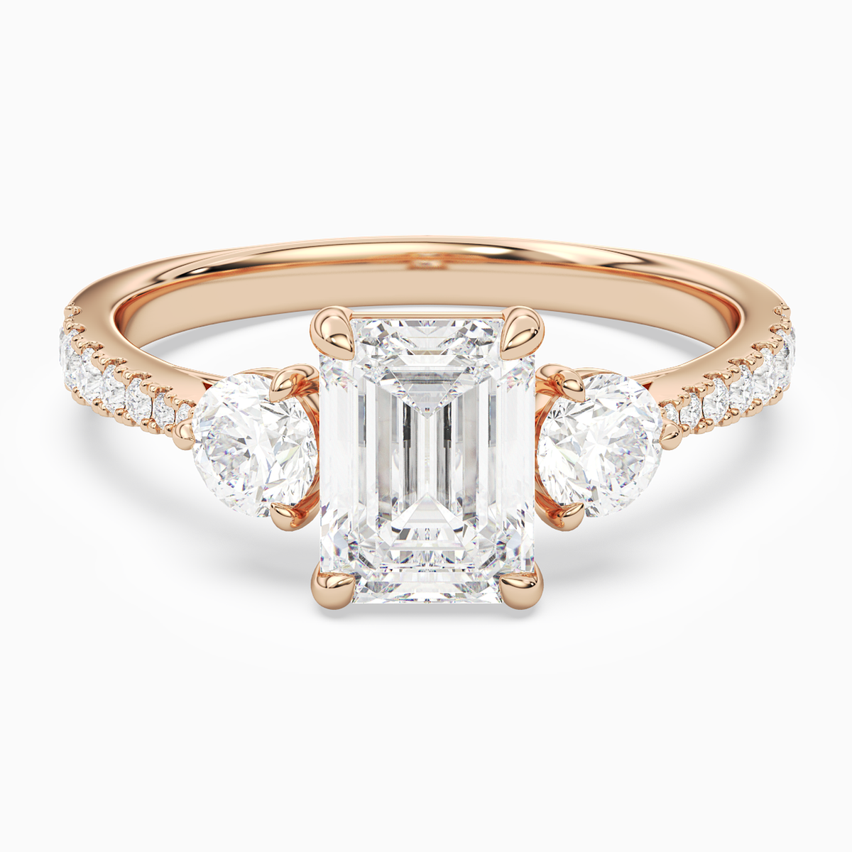 Emerald Round Side Three Stone Pavé in 14K Rose Gold main white