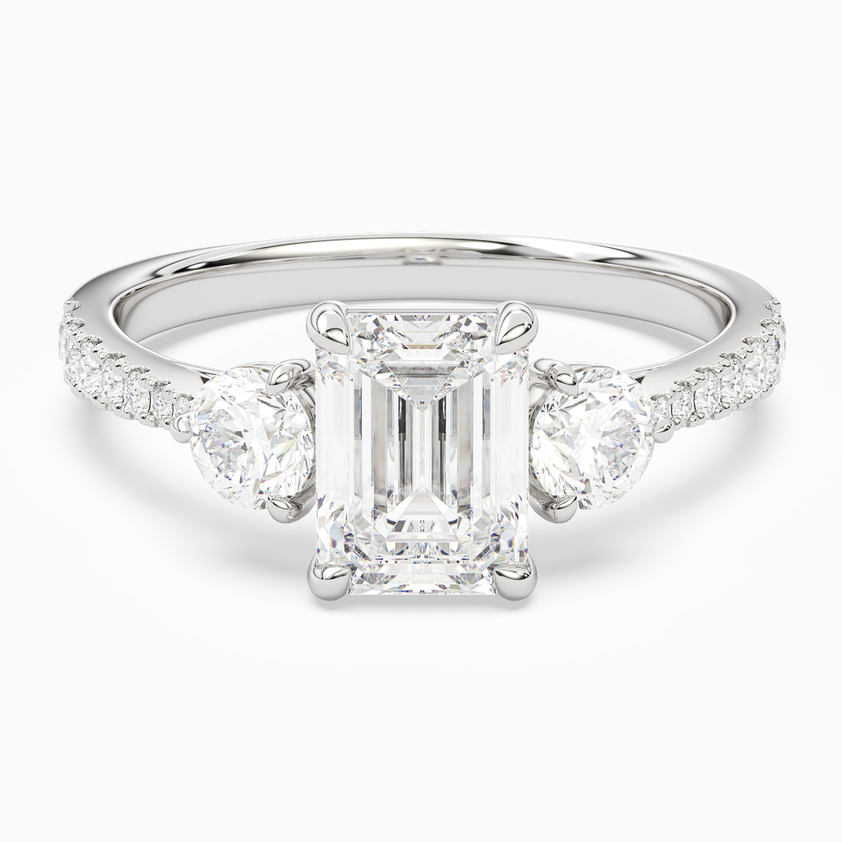 Emerald Round Side Three Stone Pavé in 14K White Gold main white