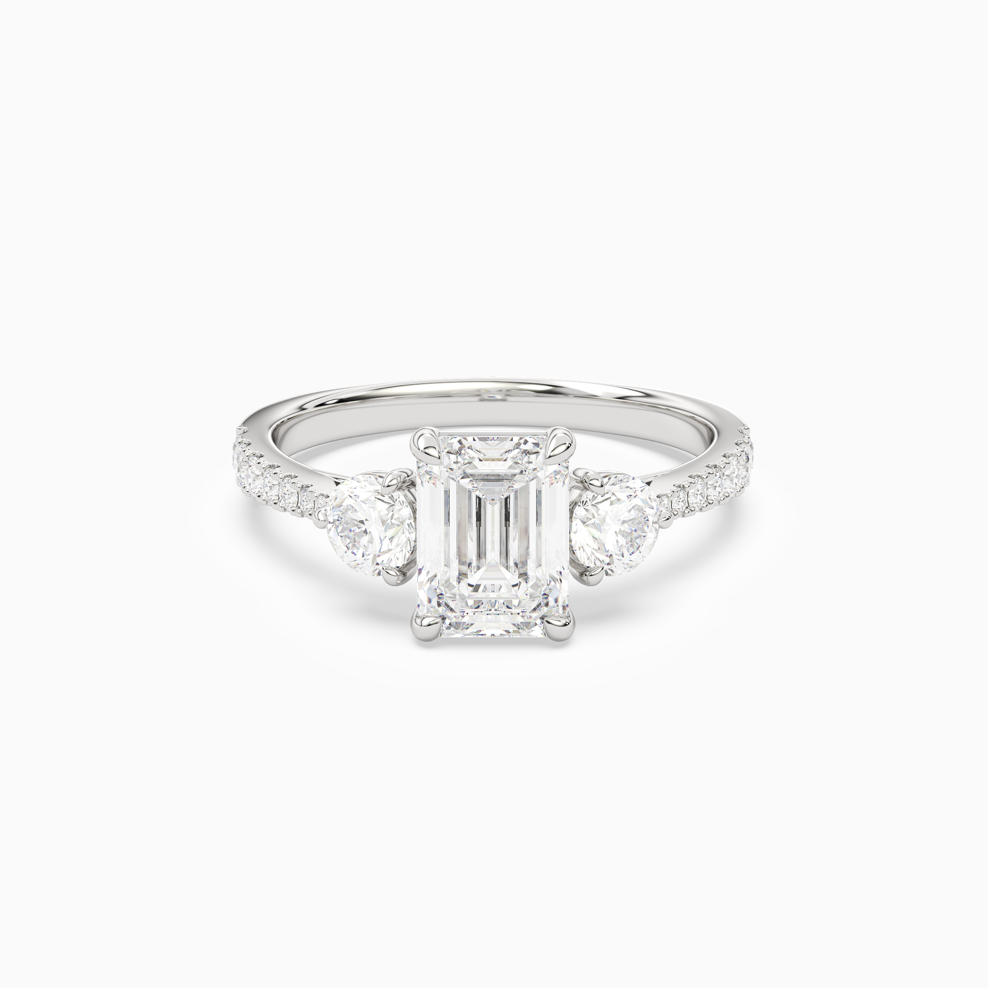 Emerald Round Side Three Stone Pavé in 18K White Gold main white