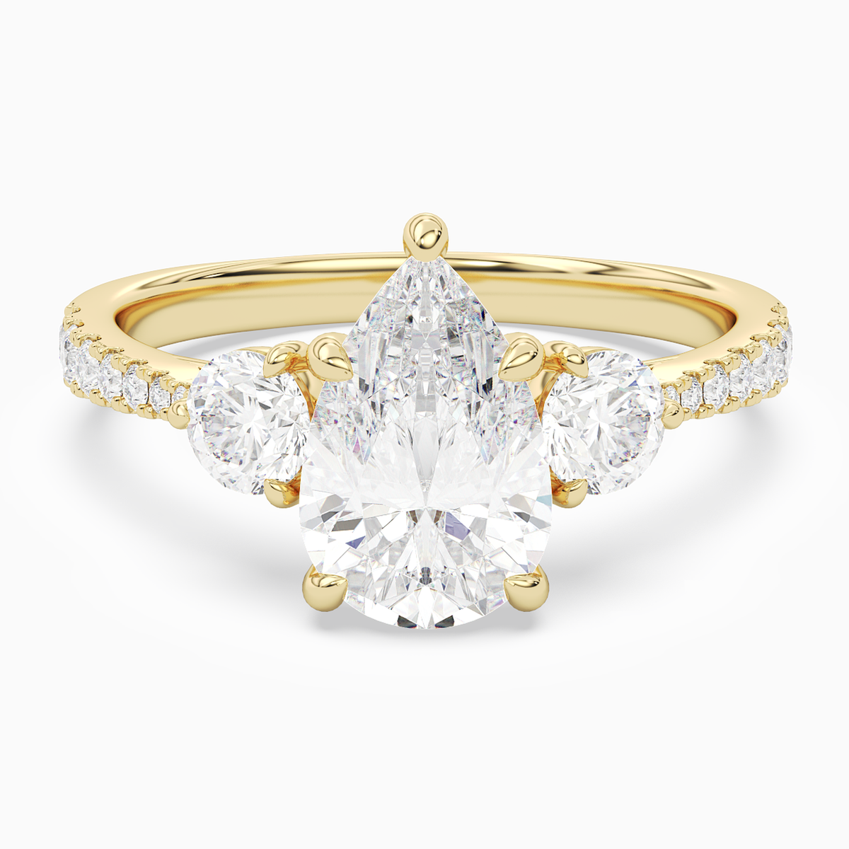 Pear Round Side Three Stone Pavé in 14K Yellow Gold main white
