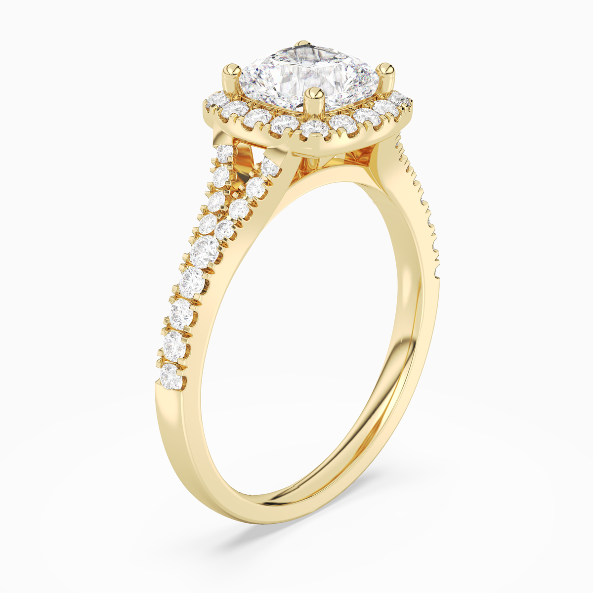 Cushion Classic Halo Split Shank Ring in 14K Yellow Gold angled