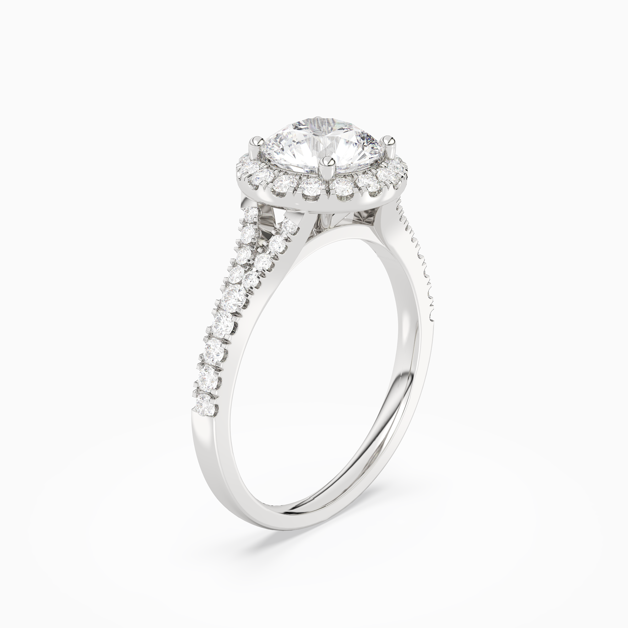 Round Classic Halo Split Shank Ring in 14K White Gold angled
