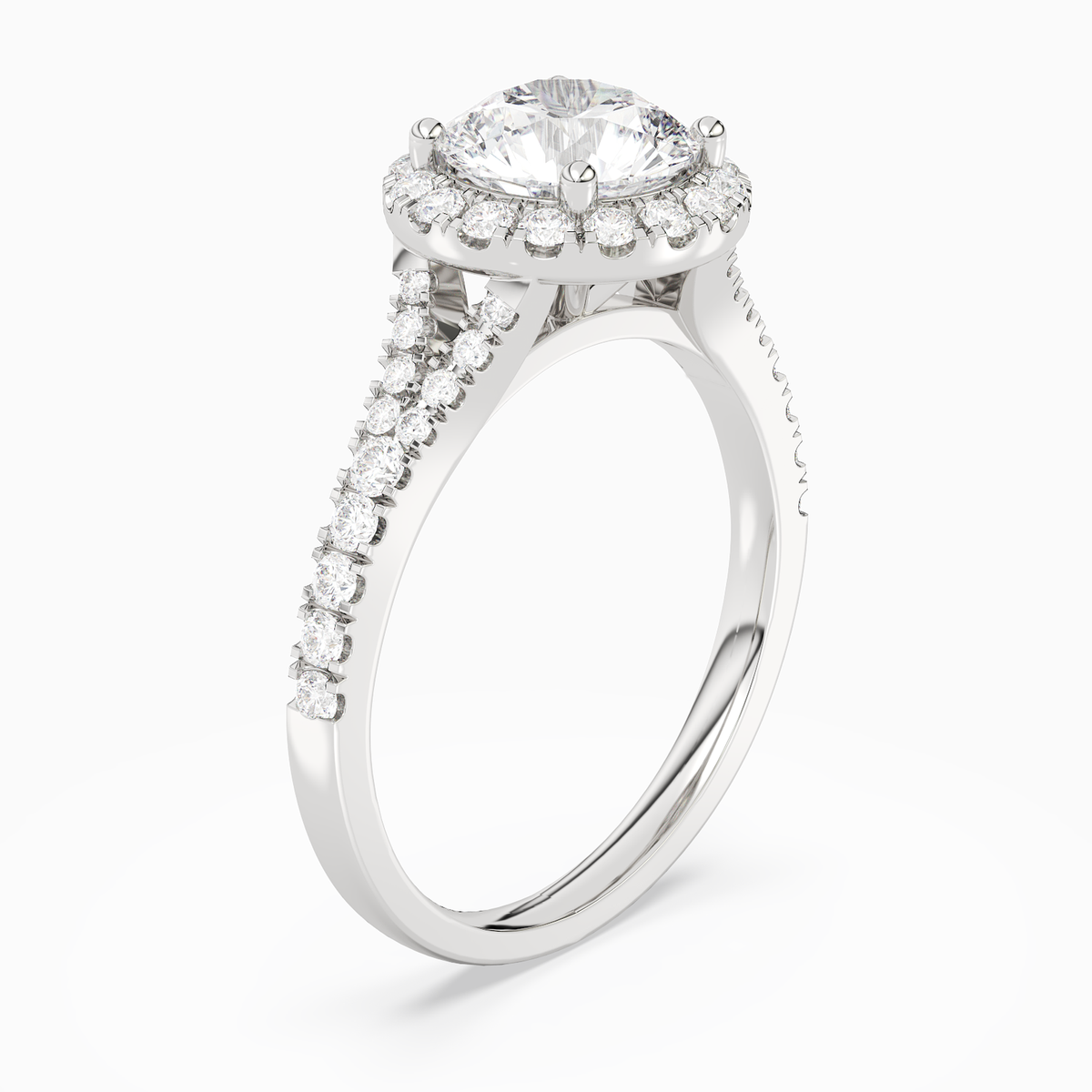 Round Classic Halo Split Shank Ring in 14K White Gold angled