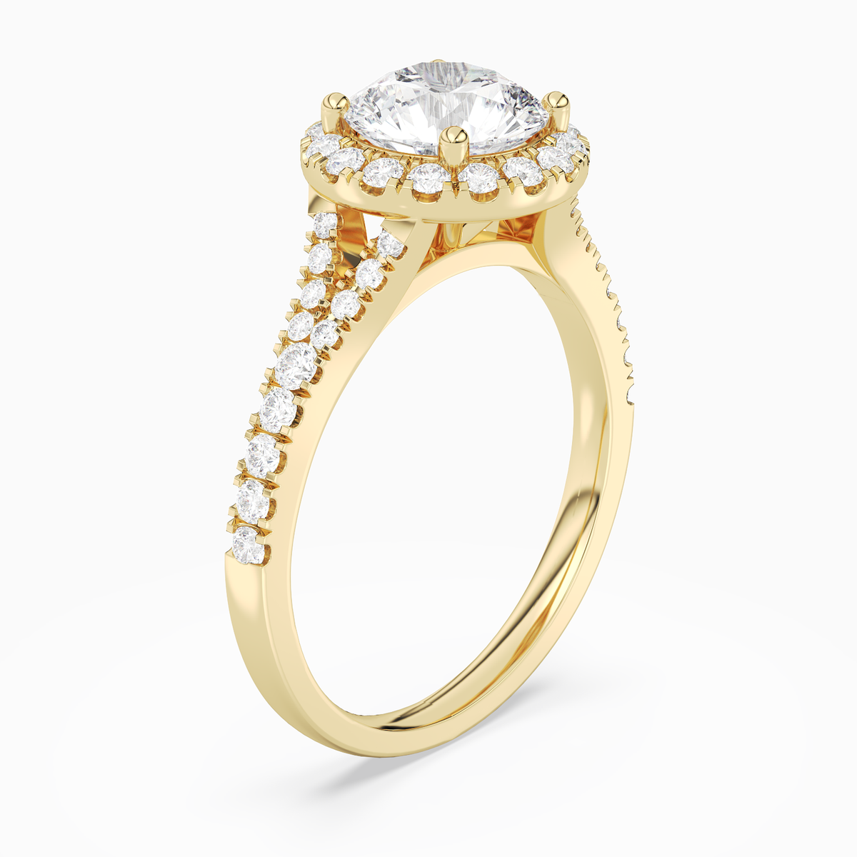 Round Classic Halo Split Shank Ring in 18K Yellow Gold angled