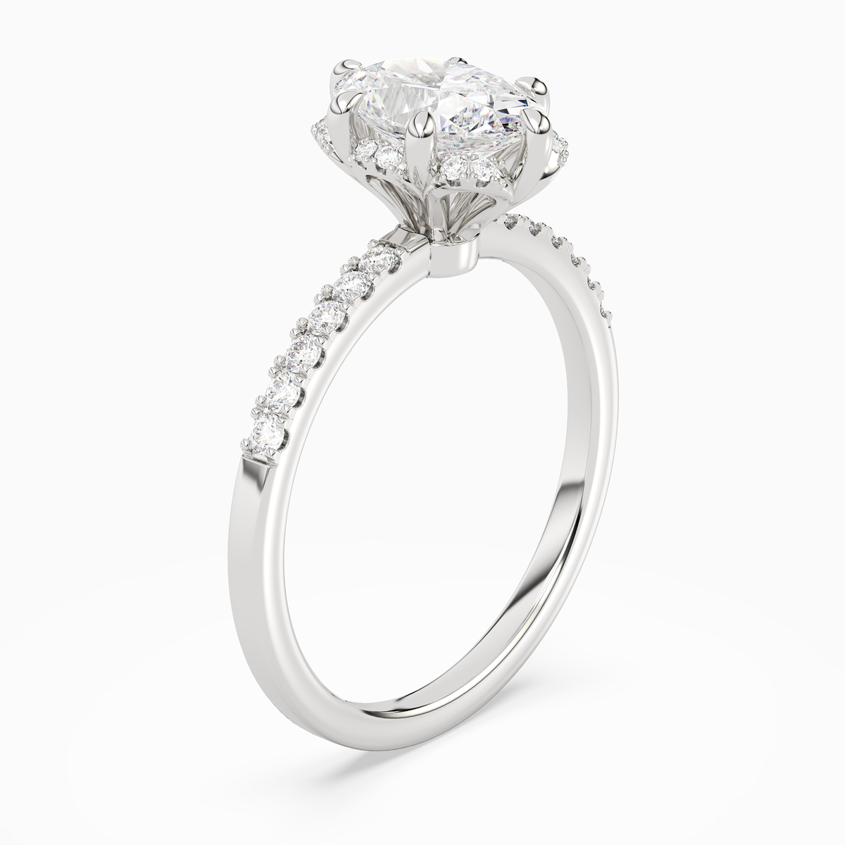 Oval Crown Halo Pavé in 14K White Gold angled