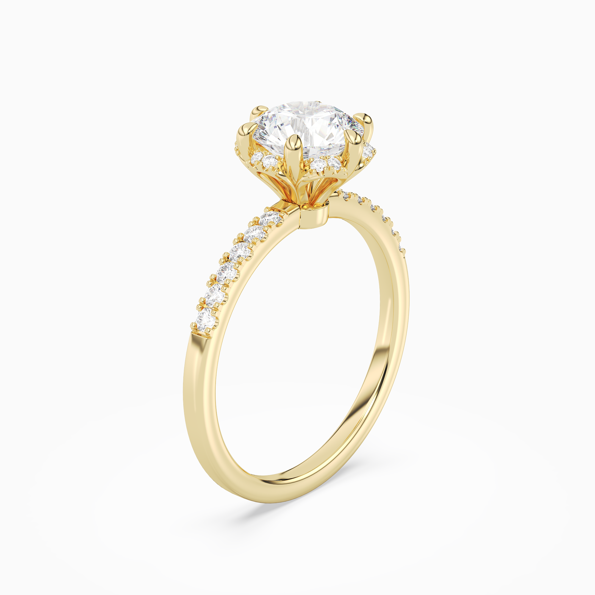 Round Crown Halo Pavé in 18K Yellow Gold angled