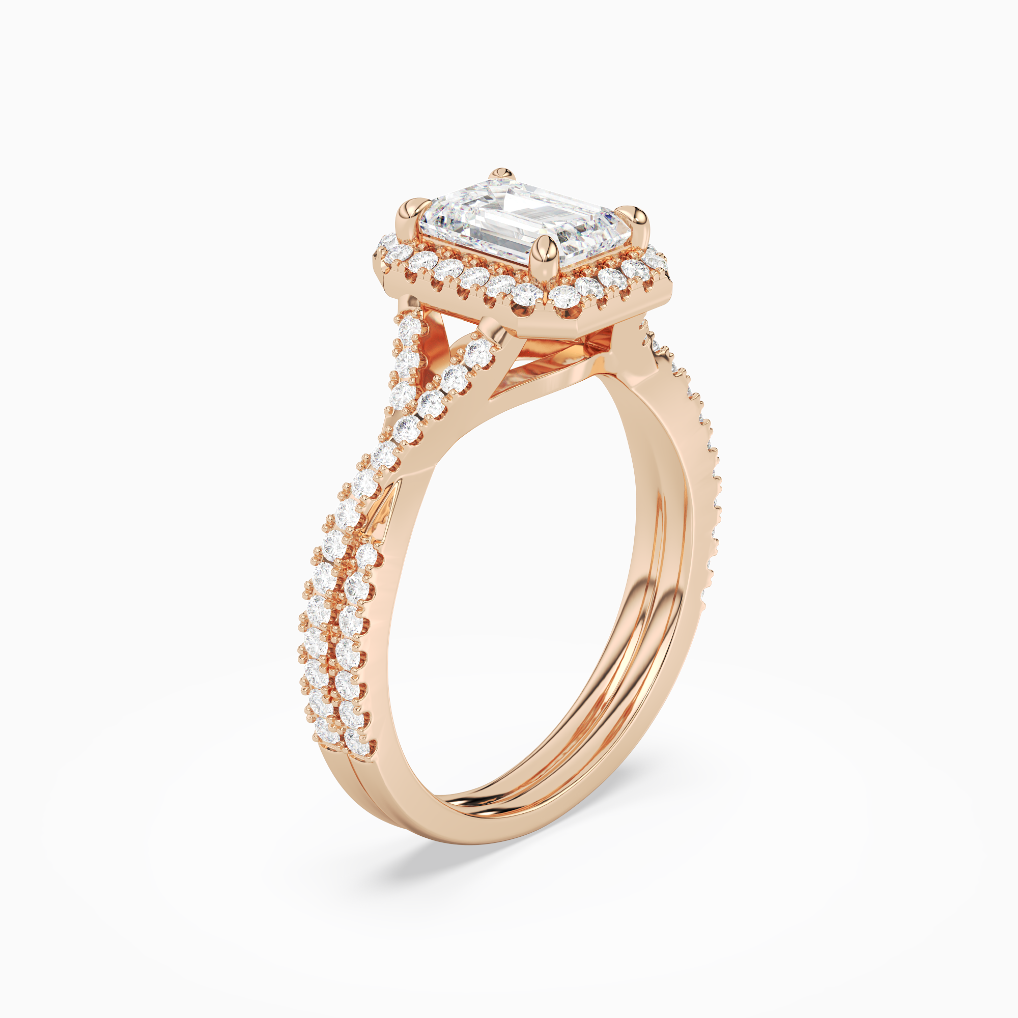 Emerald Twisted Shank Halo in 14K Rose Gold angled