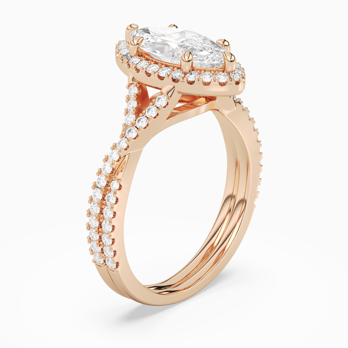 Marquise Twisted Shank Halo in 14K Rose Gold angled