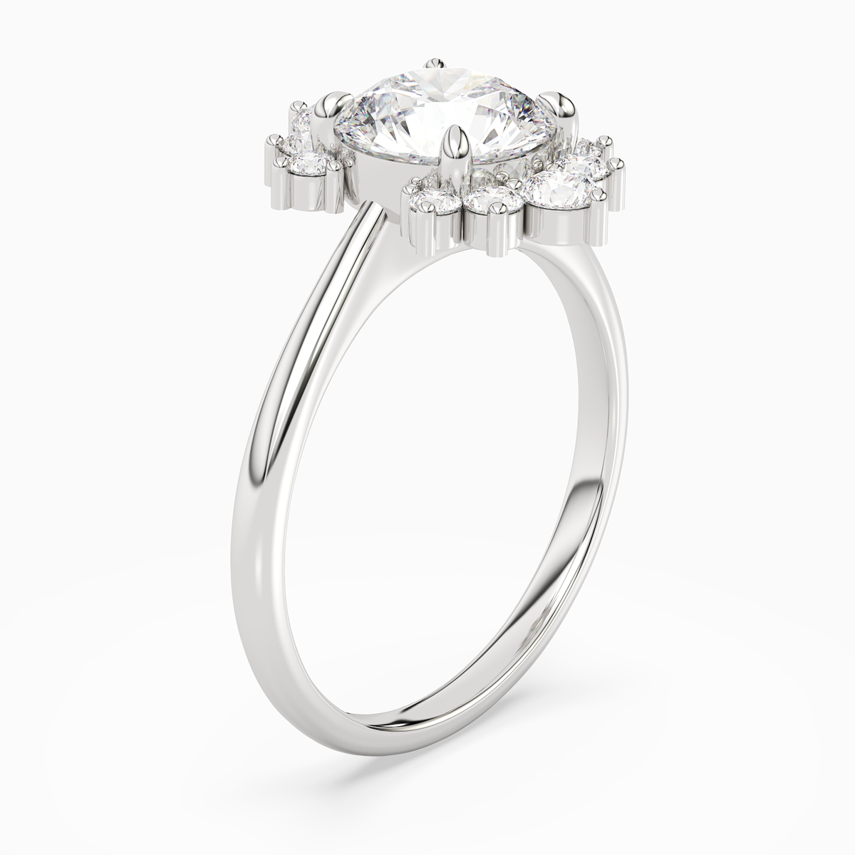 Round Floral Cluster Halo in 14K White Gold angled