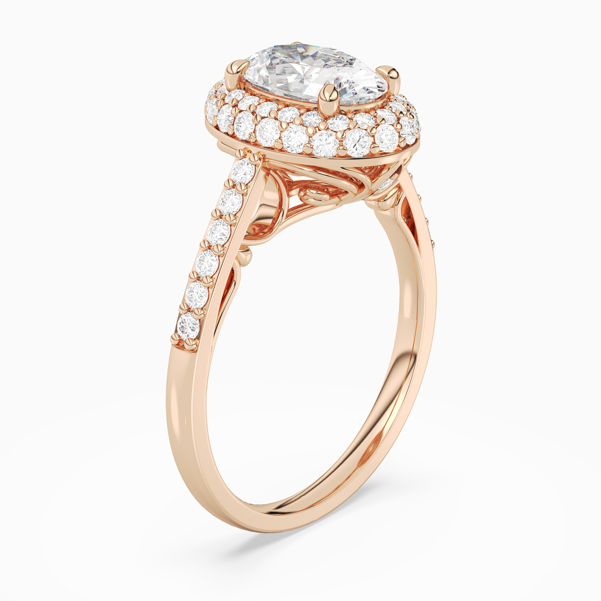 Oval Regal Halo Pavé in 14K Rose Gold angled