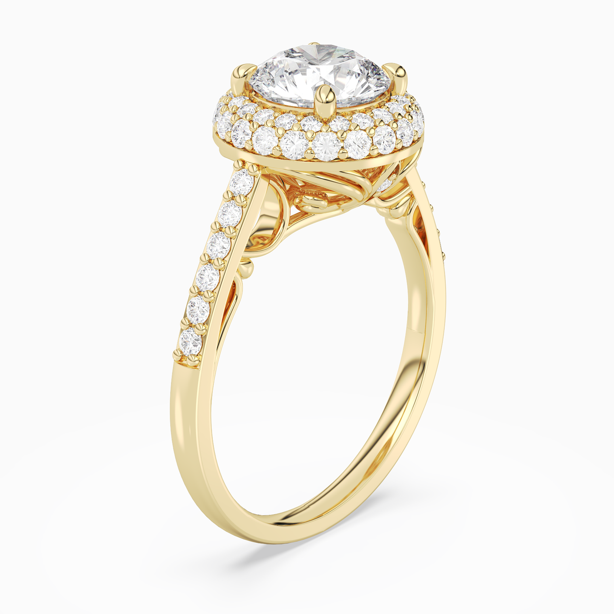 Round Regal Halo Pavé in 14K Yellow Gold angled