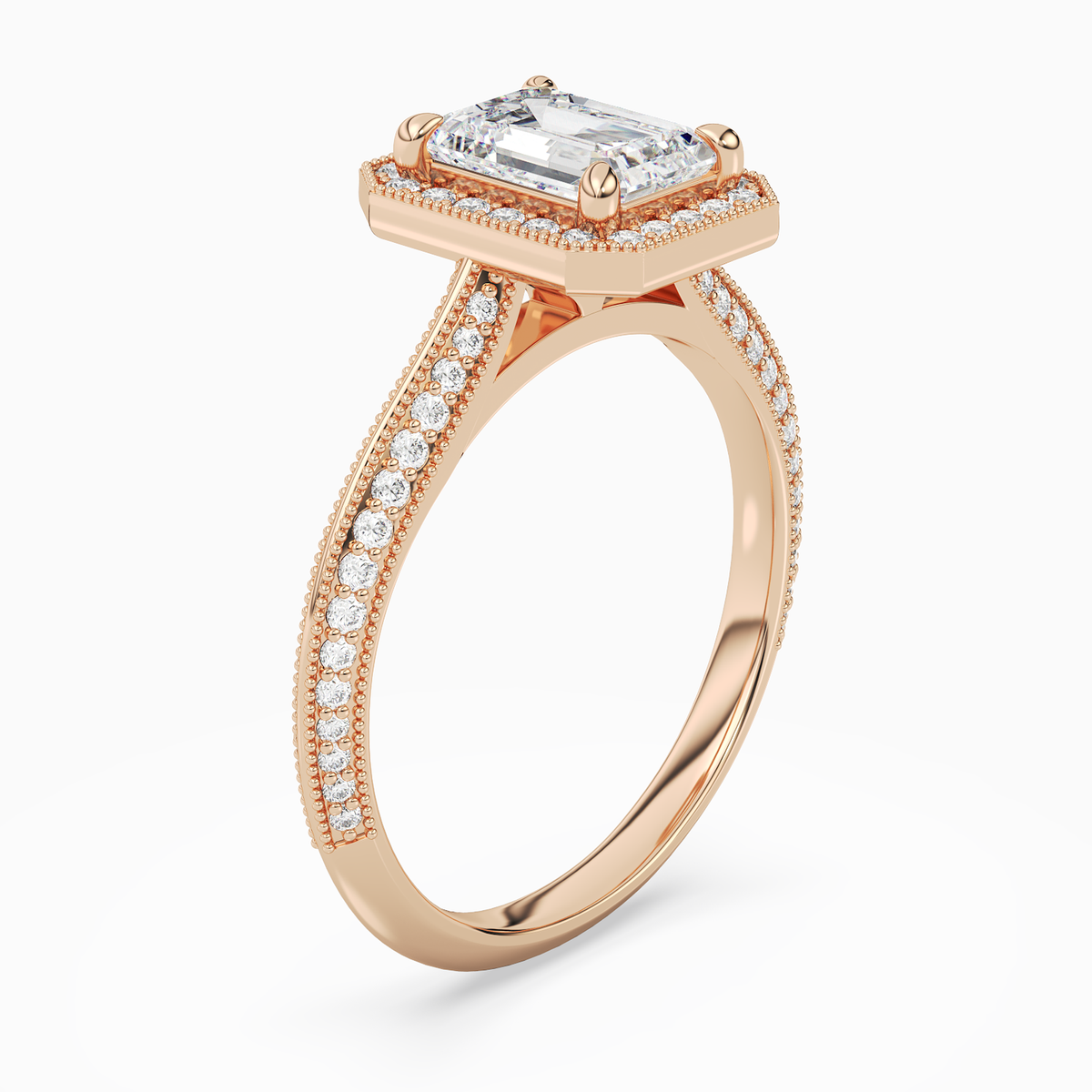 Emerald Octagon Halo in 14K Rose Gold angled