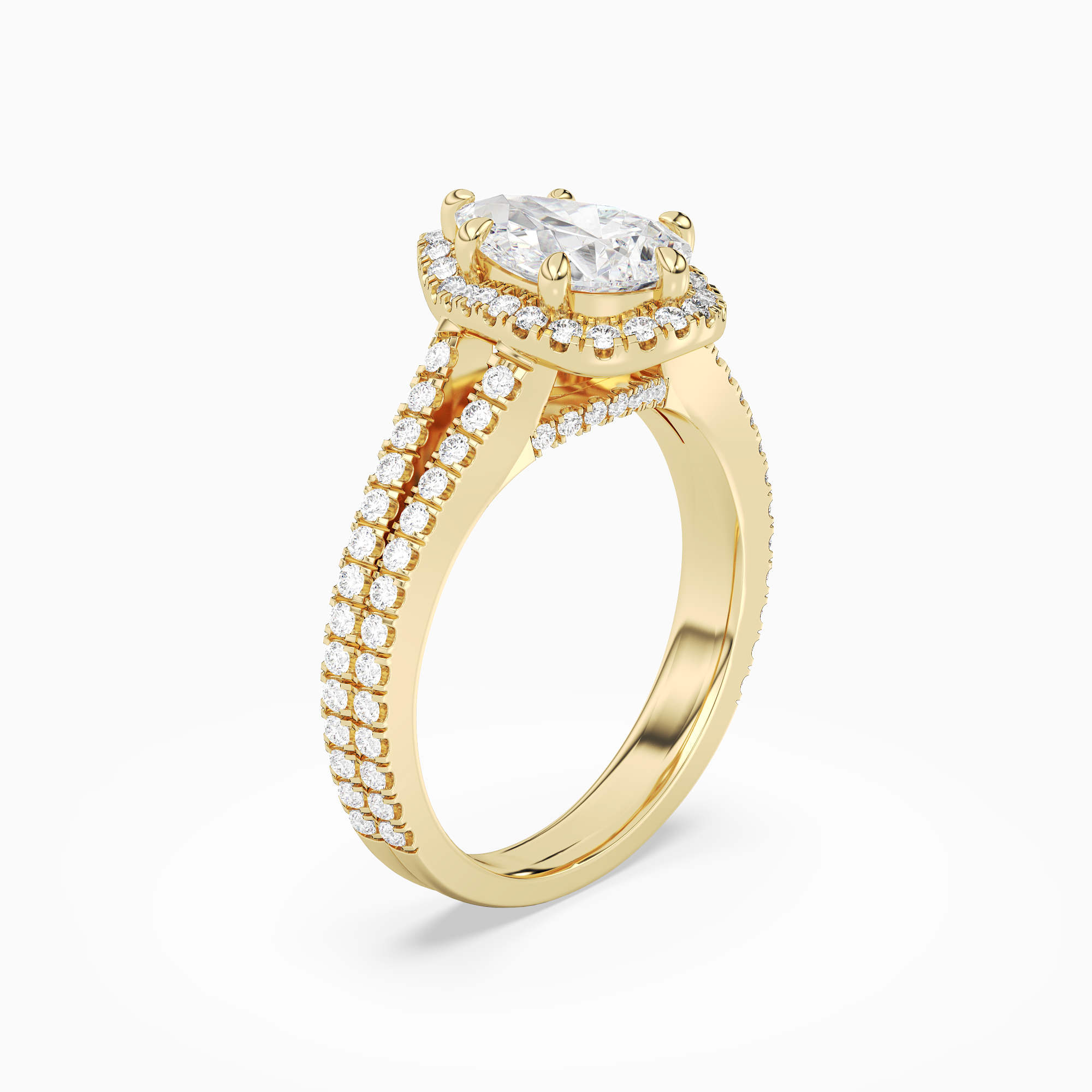Pear Split Shank Halo in 18K Yellow Gold angled