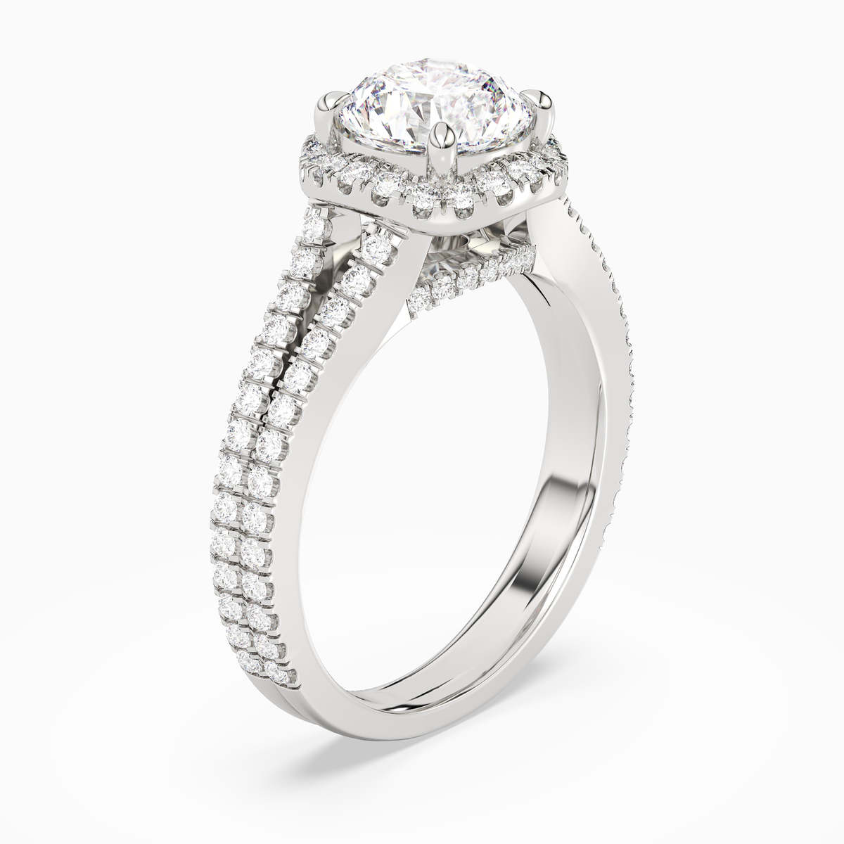 Round Split Shank Halo in 14K White Gold angled