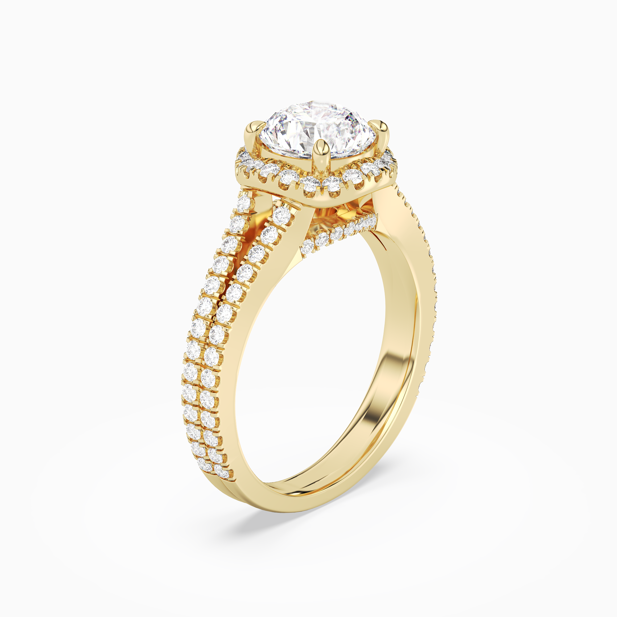 Round Split Shank Halo in 14K Yellow Gold angled