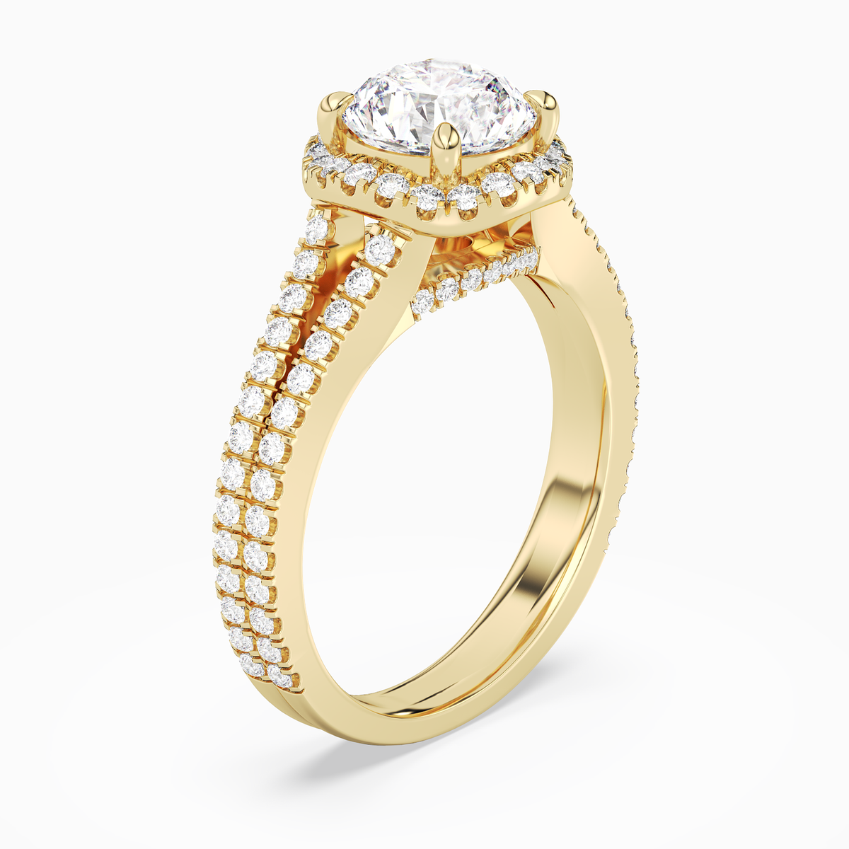 Round Split Shank Halo in 18K Yellow Gold angled