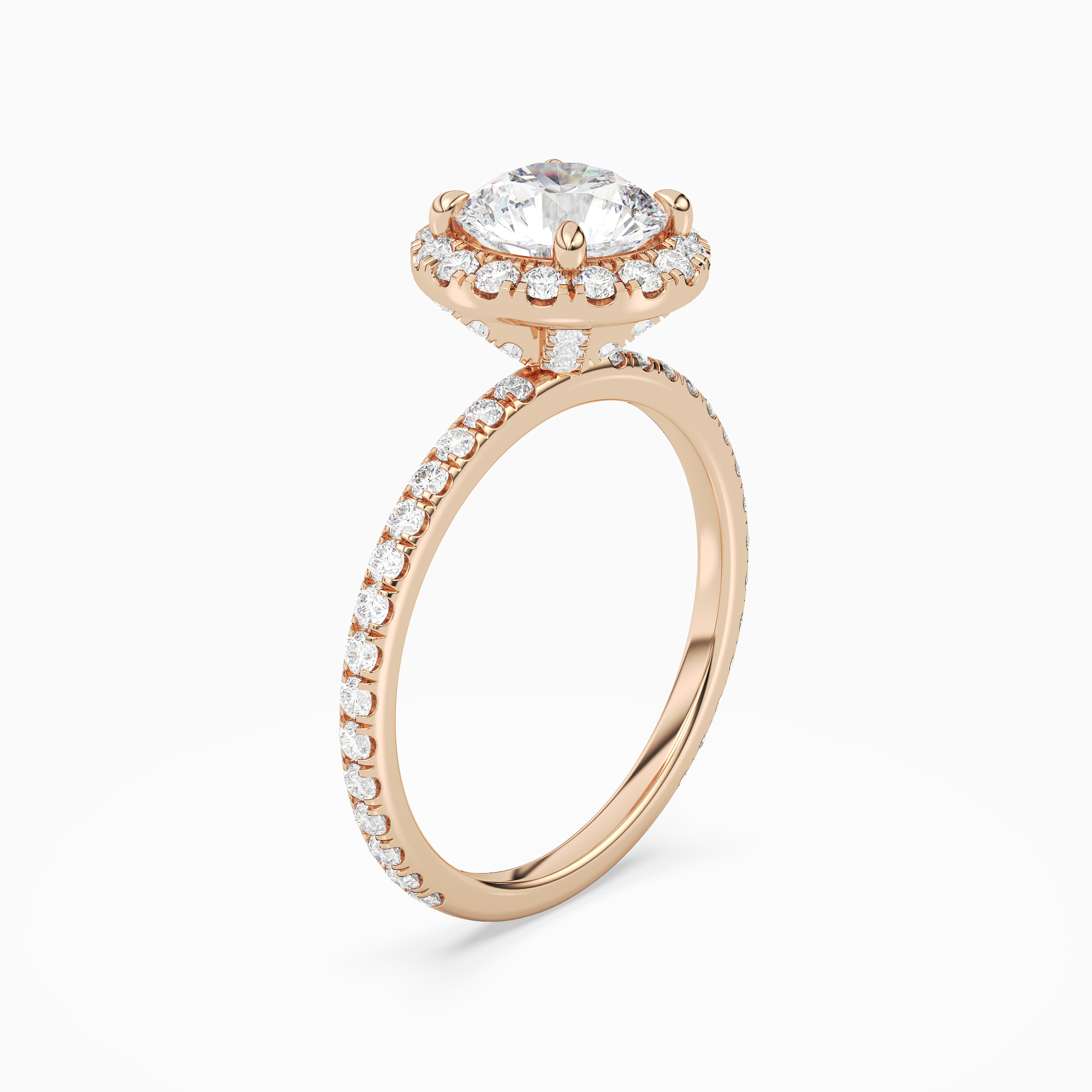 Round Scalloped Halo Pavé in 14K Rose Gold angled