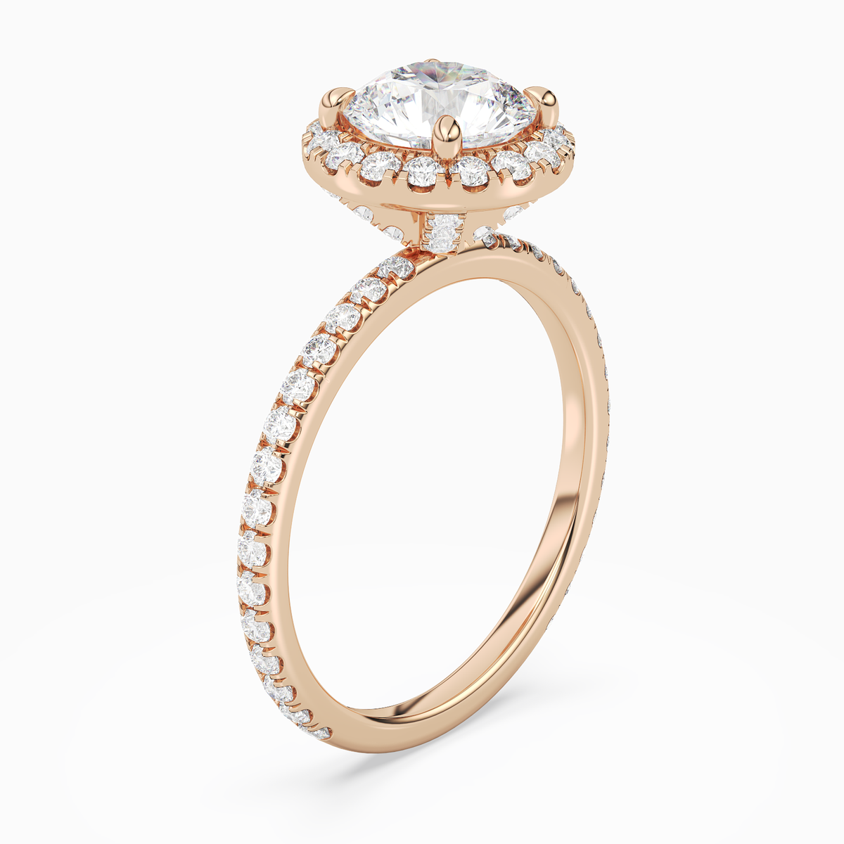 Round Scalloped Halo Pavé in 14K Rose Gold angled