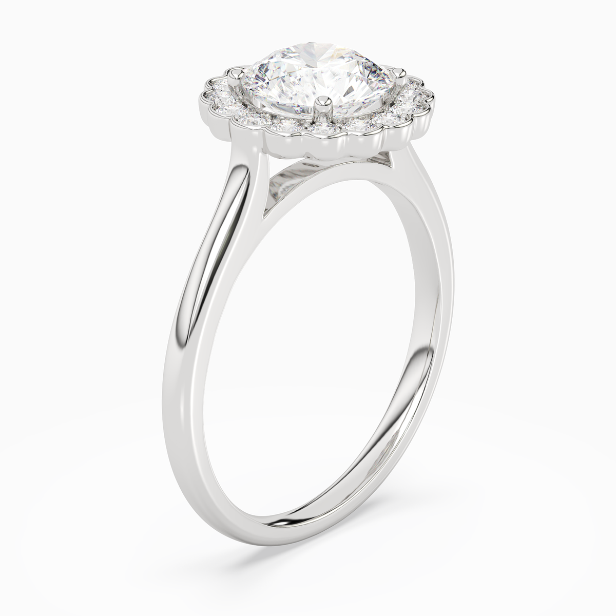 Round Floral Halo in 18K White Gold angled