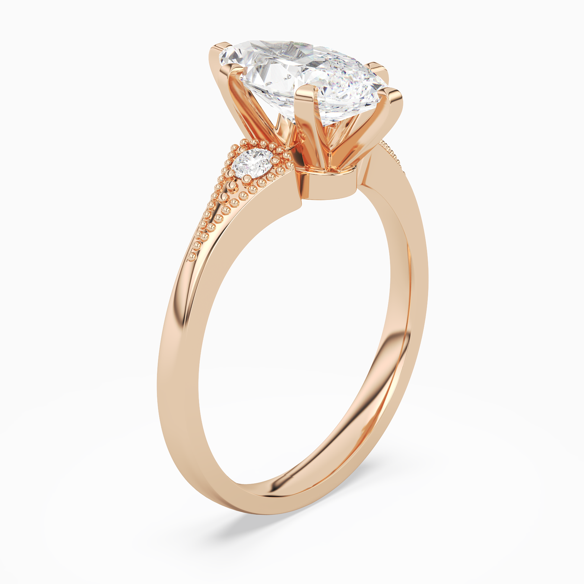 Marquise Milgrain Shoulder Side Stone Ring in 14K Rose Gold angled