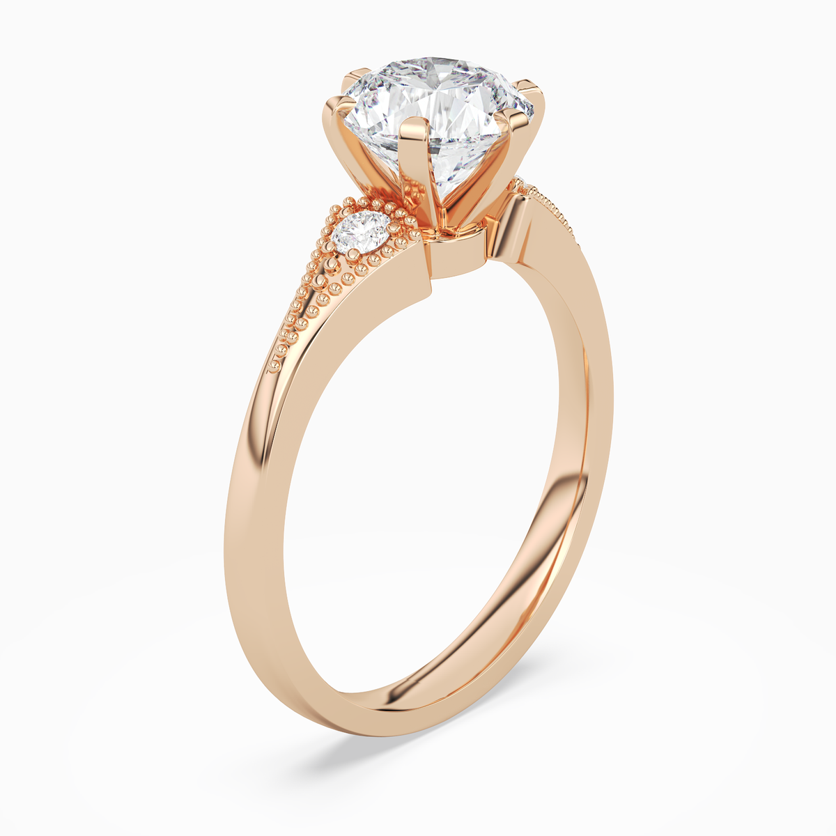 Round Milgrain Shoulder Side Stone Ring in 14K Rose Gold angled